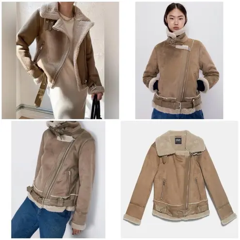 ZARA 🆕  Double Faced Shearling Lined Moto Jacket