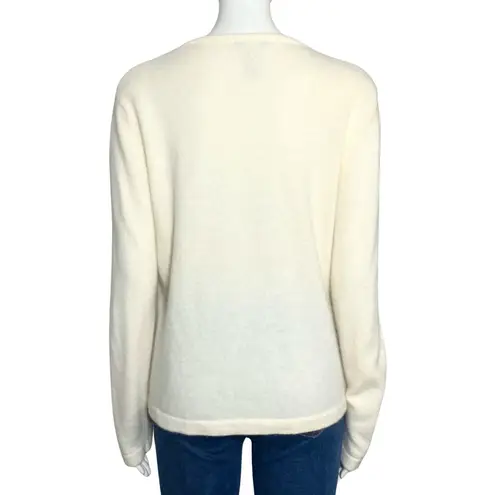 Vintage Y2K Christmas Beaded Cream Lambswool Angora Sweater Wreath Wool Medium White