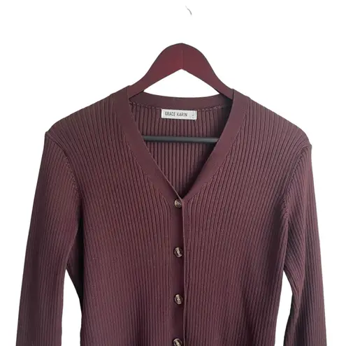 Grace Karin Women Cardigan Sweater L Brown Ribbed Fitted Preppy Academia Office