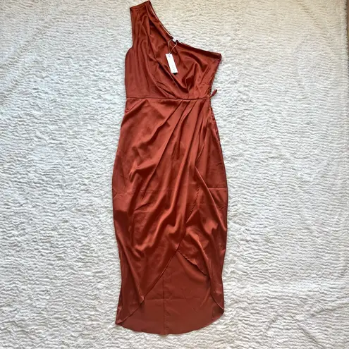 Baltic Born Celia Satin One Shoulder Midi Dress S Rust Pleated Belted Silky NWT