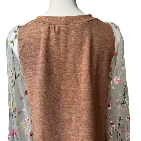 Renee C . Brown Metallic Dress with Sheer Mesh Embroidered Long Sleeves; Sz M