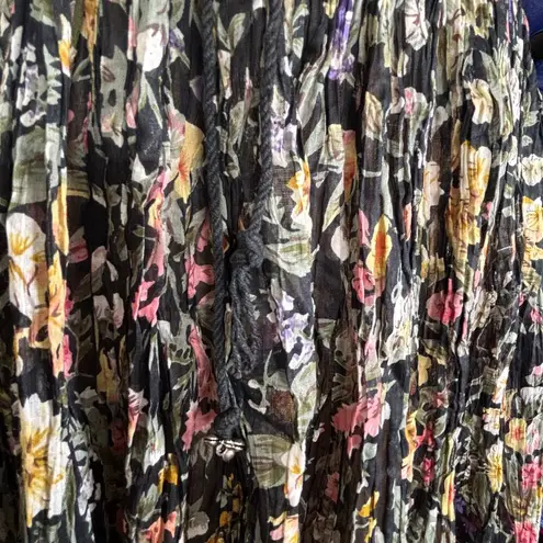 Vintage 90s Black Dark Floral Crinkle Maxi Skirt Pleated Semi Sheer Tie Waist Size L