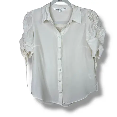 Veronica Beard Carmine Off-White Silk Button Front Ruched Sleeves Blouse Size 4