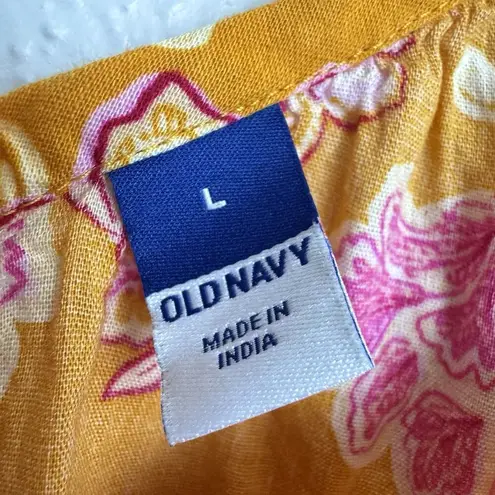 Old Navy  Hawaiian Floral Maxi Dress Large Orange Pink Flowy V-Neck Pockets Beach