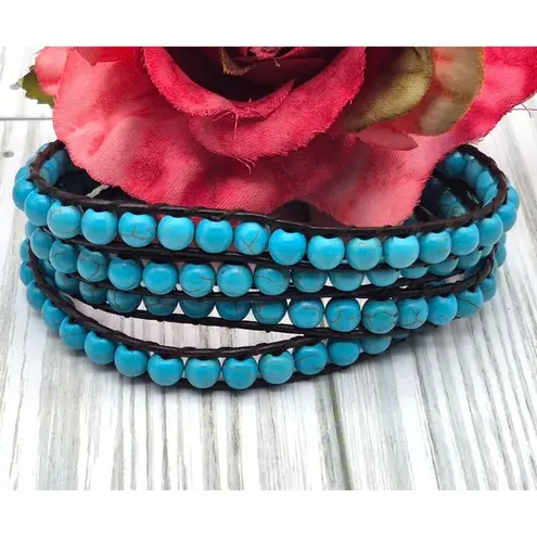 Victoria Emerson Blue Turquoise Stone Beads Brown Leather Cord Wrap Bracelet 36"