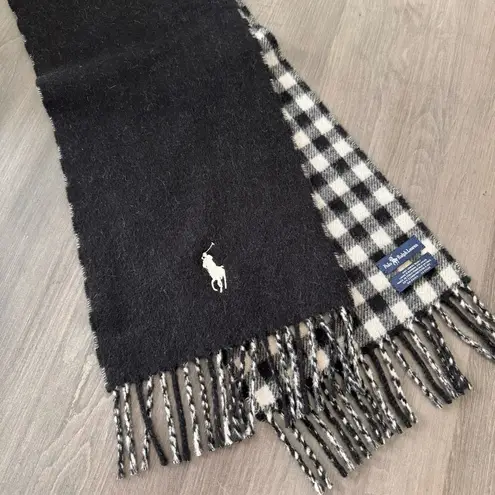 Polo Ralph Lauren Lamb wool black white gingham plaid fringe scarf NWOT