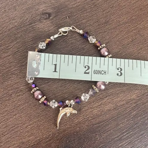 Beaded Bracelet Dolphin Charm Purple Silver Tone Jewelry Accessories