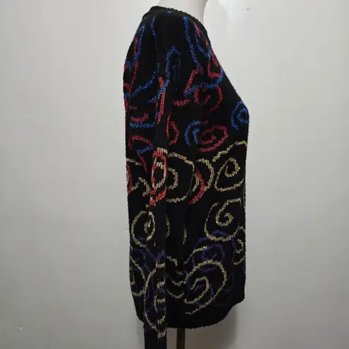 Vintage 80s 90s Sweater G.F.C LTD M Colorful Swirls Black Knit Emo Funky Goth Size M