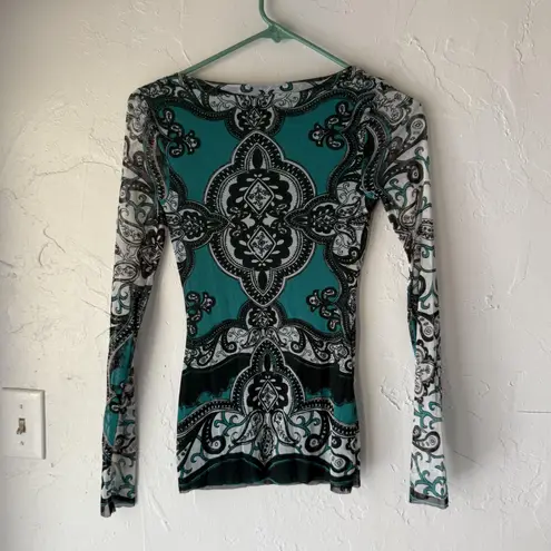 INC International Concepts Shirt Y2k XS Sheer Mesh Long Sleeve Going Out Top Green