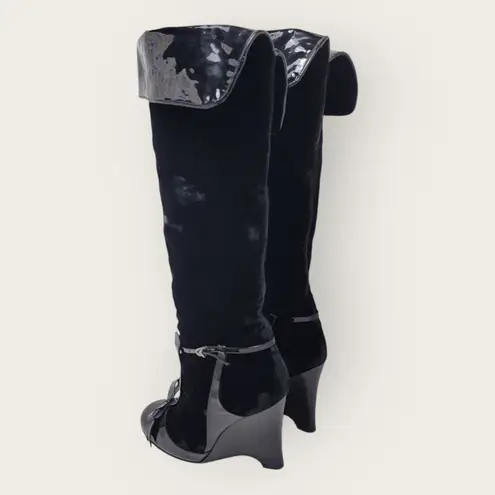 Laurence Dacade Velvet Patent Leather Bow Knee High Wedge Heels Boot Size 38 Black