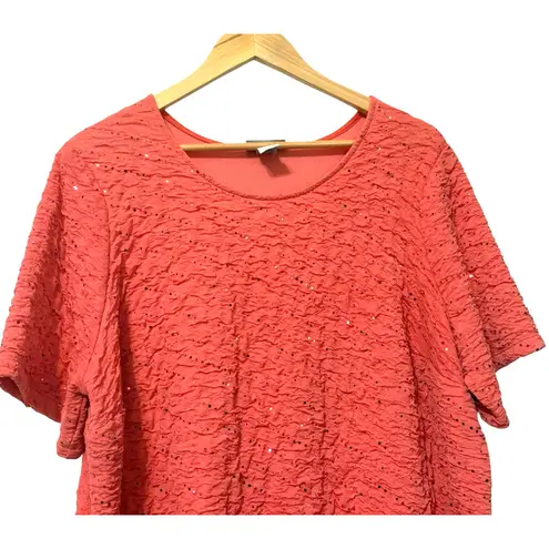Catherines Womens Textured Sequin Top Orange Crinkle Knit Glam Shimmer Mature