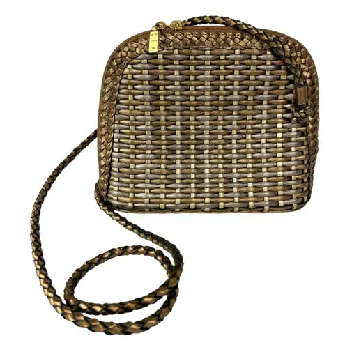 Vtg CEM Gold Metallic Woven Leather Crossbody Bag Full Zip