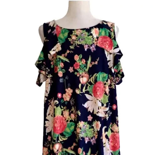Rafaella Dress Blue Pink Yellow Floral Cold Shoulder Short Sleeve Dress Large