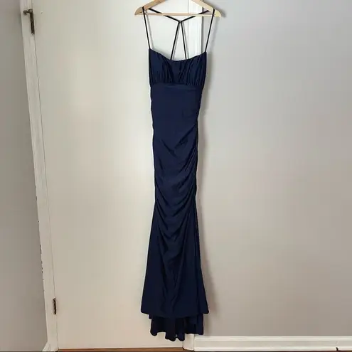 La Femme  Shiny Jersey Blue Open Back Trumpet Gown Dress