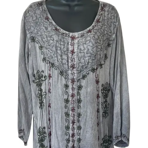 S.R. Fashion Gray Stone Wash Boho Floral Embroidery Button Front Maxi Dress Size XXL