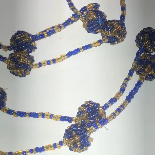 Vintage Blue  & Gold/Yellow Color Seed Bead Beaded Balls Boho Necklace