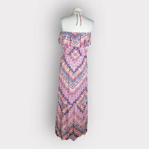 Socialite  Printed Tiered Halter Maxi Dress | Large | Boho Chic Elegance