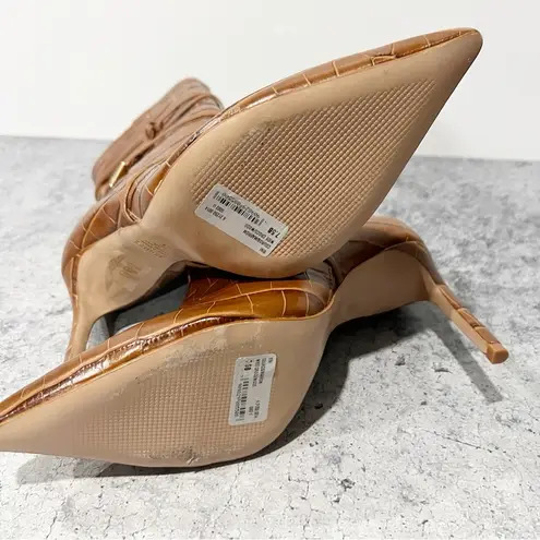 Schutz Vini Crocodile Embossed Leather Heeled Boots Pointed Brown Zip 7.5 NEW