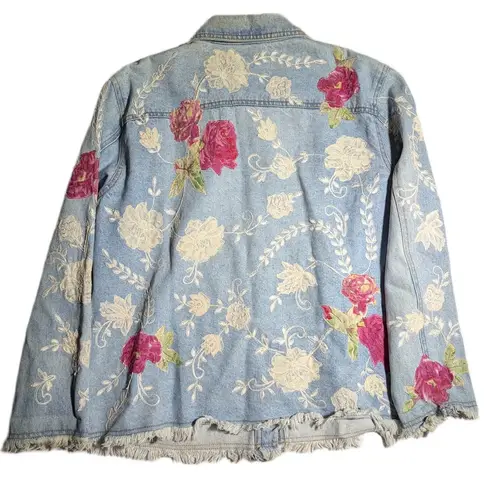Vtg 1990s Chico's Rose Floral Applique Light Wash Fringe Denim Jacket 2 L Blue Size L