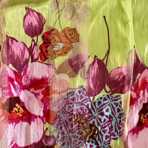 90s Vintage Marcrozier Paris Floral Print Silk Oblong Scarf Wrap, Green & Pink