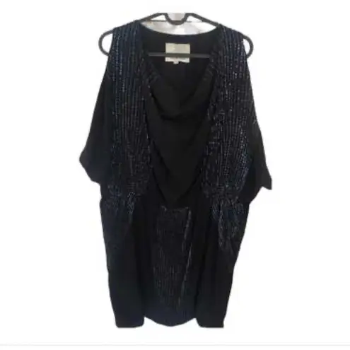 Madison Marcus Black Beaded Cold Shoulder Drape Neck Tunic Top XS