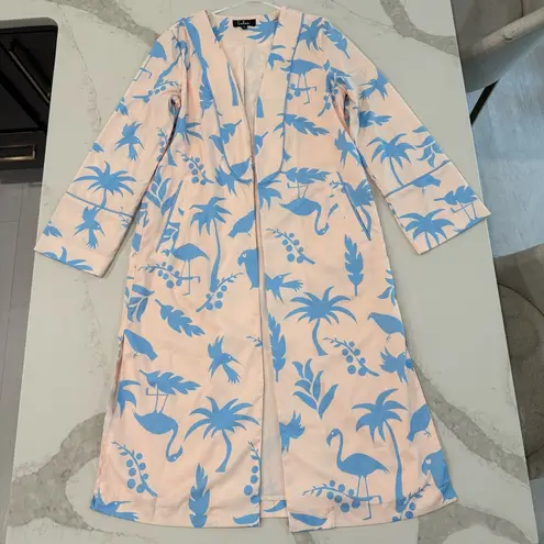 Lulus Tropical Flamingo Tree Print Duster Robe Womens Small Blush Pink/Blue Chic Pink