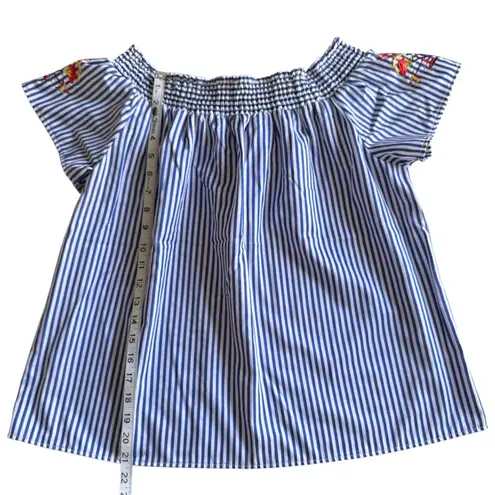 Stella Tweed Women's XL Off-Shoulder Blue Striped Floral Embroidered Blouse