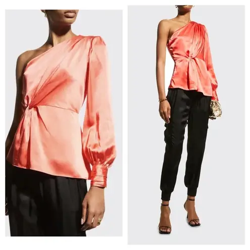 Cinq à Sept NWT Cinq A Sept Stace Coral Pink One Shoulder 100% Silk Satin Blouse Medium