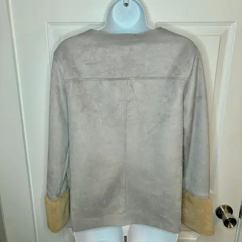 Catherine Malandrino Soft Faux Suede Leather Faux Fur Cuff Long Sleeve Top Grey