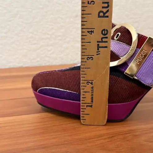 Emilio Pucci Firenze Purple Multicolor Corduroy Platform Heeled Mules Size 38.5