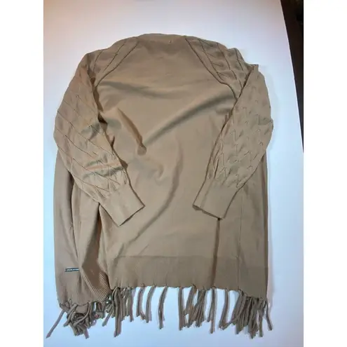 Adrienne Vittadini Womens Tan Cardigan Open Front Fringe Trim Size Small NEW