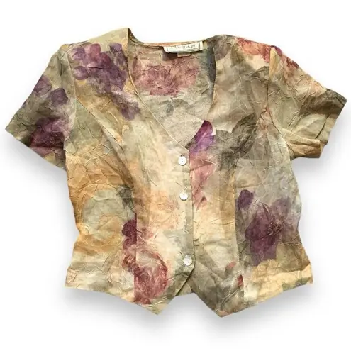 Vintage 90s Blazer Top Sheer Cream Cottage Dark Floral Short Sleeve Crinkle Pink