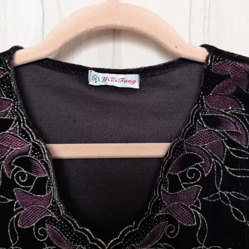 Womens Velvet Beaded Floral Top Size S Brown Whimsigoth Fairy Grunge Witch Boho Black
