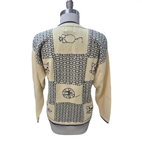 Christopher & Banks Vtg Cat Lady sweater Cotton Yellow Navy Blue Heart/Cats Sz L