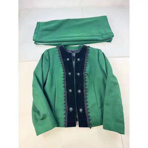 Vintage Wool Skirt Suit Green Velvet Trim Cropped Jacket Set 16
