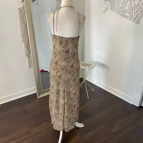 Early 2000s Euro Slinky Leopard Cheetah Animal Print Mesh Midi Maxi Slip Dress M Brown Size M