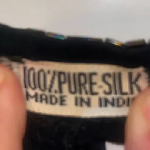 Vintage 1920s Style Art Deco Flapper Dress Black Iridescent Beaded Gatsby Dress Gold Size M