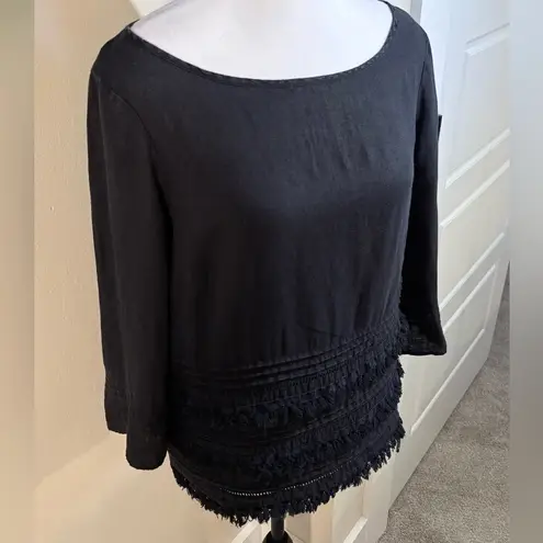 Meadow Rue Boho Chic Black Linen Top with Fringe Sz Small 💛