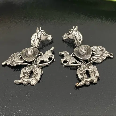 Unique Vintage Pewter Western Horse Saddle Cowboy Hat Boots Gun Charms Earrings