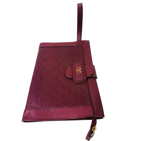 Valentino Garavani VTG VALENTINO Burgundy Leather Clutch Hand Bag Top Zip Front Flap Closure Italy