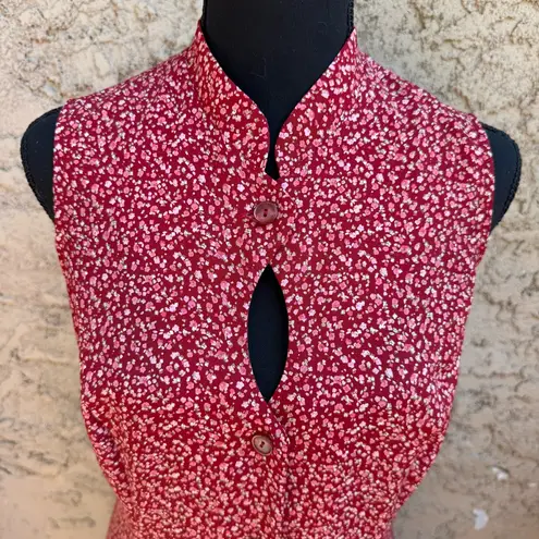 Vintage 90’s Cottagecore Mandarin Collar Red Floral Sleeveless Dress Size 12
