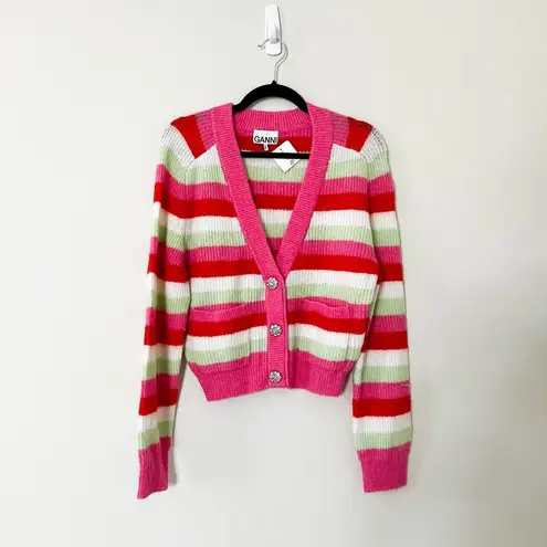 Ganni NWT Stripe Bejeweled Cardigan Pink Sweater XS