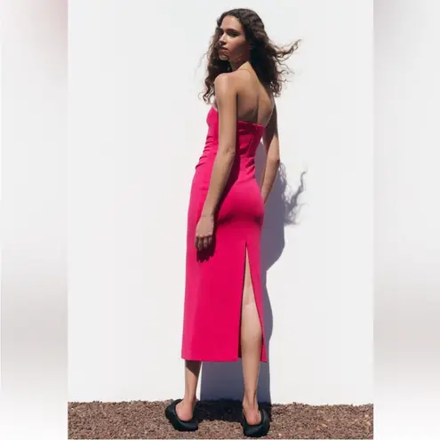 ZARA  NWT pink fuchsia ruched fitted strapless tube midi dress