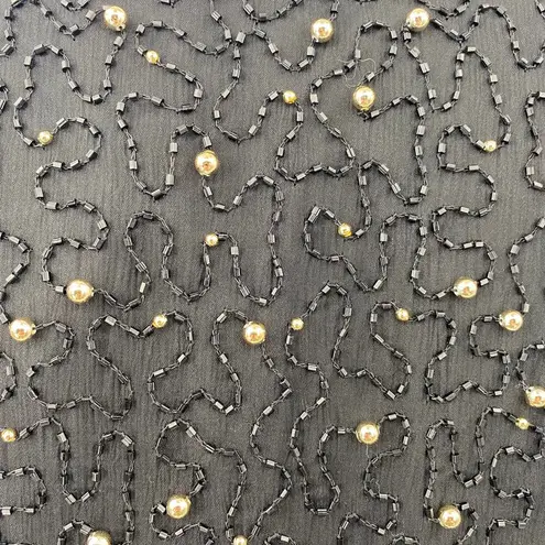 Scala Vintage Beaded Silk Blouse Top Long Sleeve V Neck Black Gold NEW Womens S