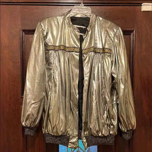 Vintage Metallic Silver Bomber Jacket with gold ribbon accents and shiny gold Size XL