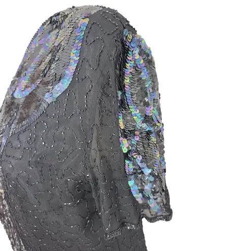 Vintage 80's New Fast Black Sequin Beaded Short Sleeve Evening Dress Size 38