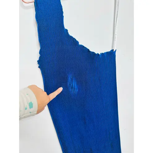 L’IDEE Regal Blue 90s One Shoulder High Neck Satin Plisse Lettuce Hemline Dress Size 10