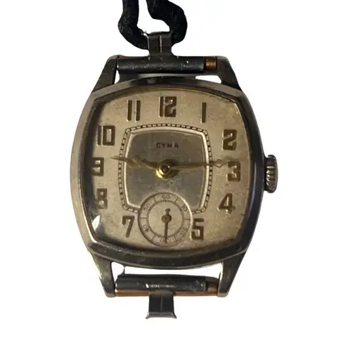 Antique Art Deco WORKING CYMA Tacy Trench Wind Up Watch Time Piece Black Cord Silver