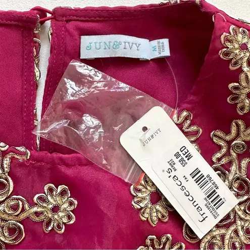 Jun & Ivy Jun Ivy Dress Berry Gold Floral Brocade Cap Sleeve Pleated Fit Flare Medium NEW