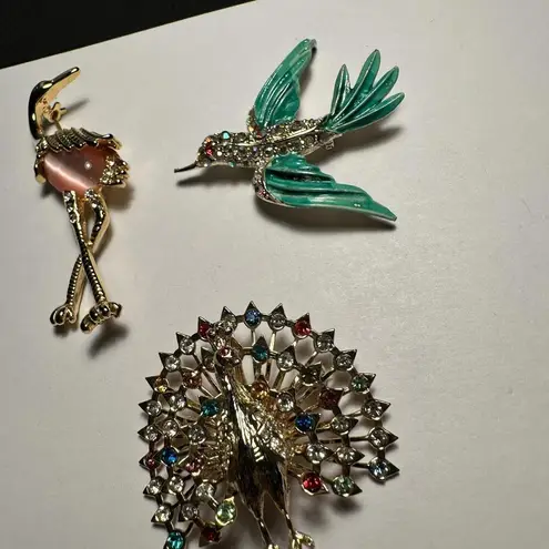 Flamingo , Peacock, Flying Bird Lot Of 3 Rhinestone Gold Tone Brooch Pins